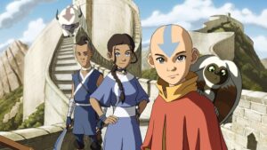A promotional thumbnail for Avatar: The Last Airbender, featuring Aang, Katara, and Sokku