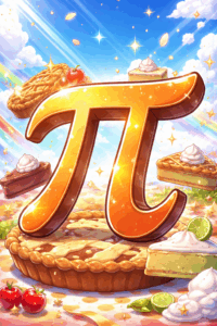 A stylized graphic of the mathematical symbol, Pi, sitting on top of a pie and beside a few pieces of pie and other related foods.